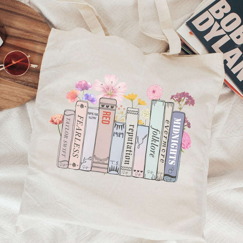 Taylor Swift Albums As Books Flower Canvas Tote Bag